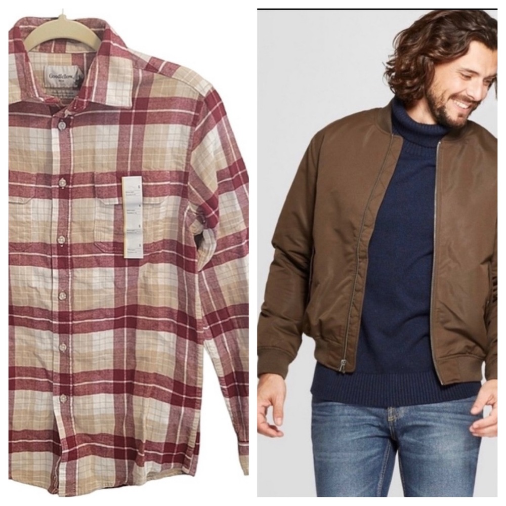 Goodfellow bomber jacket and plaid flannel button down shirt